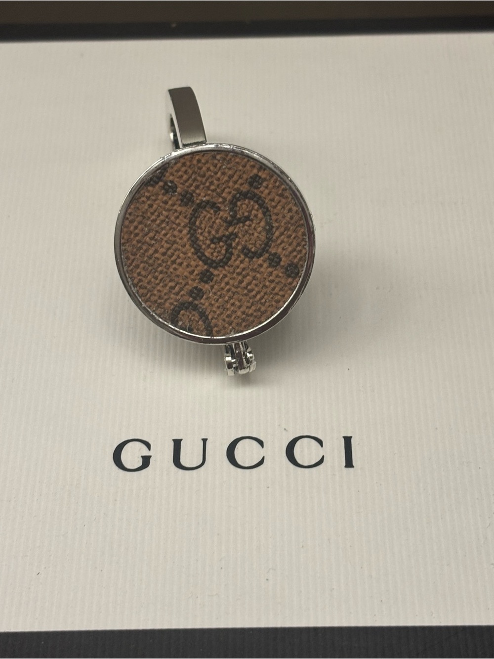 Gucci Brown Monogram Bag Hook, Purse Hanger with Silver Tone Frame